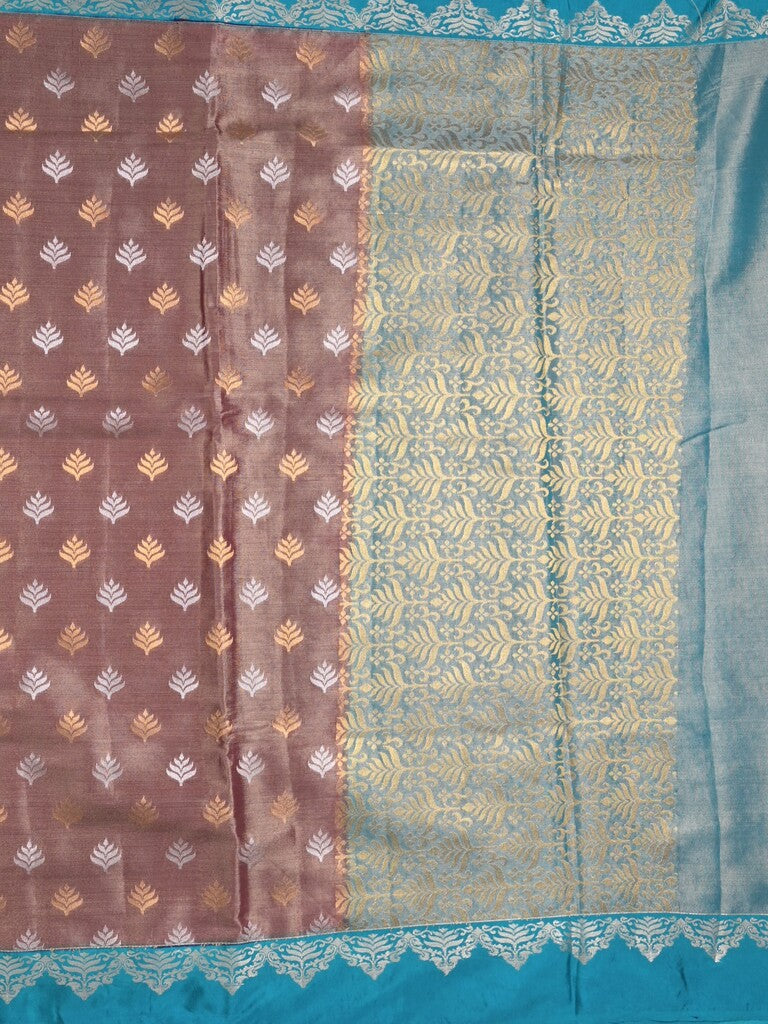 Dupion tissue fancy saree brown color allover zari motifs & zari border with rich pallu and attached blouse