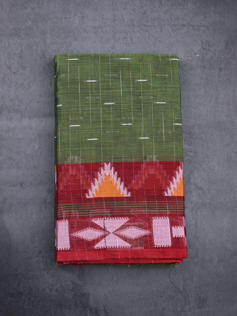 Dhaka cotton saree leaf green color allover thread motifs & thread weaving border with contrast pallu