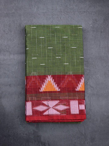 Dhaka cotton saree leaf green color allover thread motifs & thread weaving border with contrast pallu