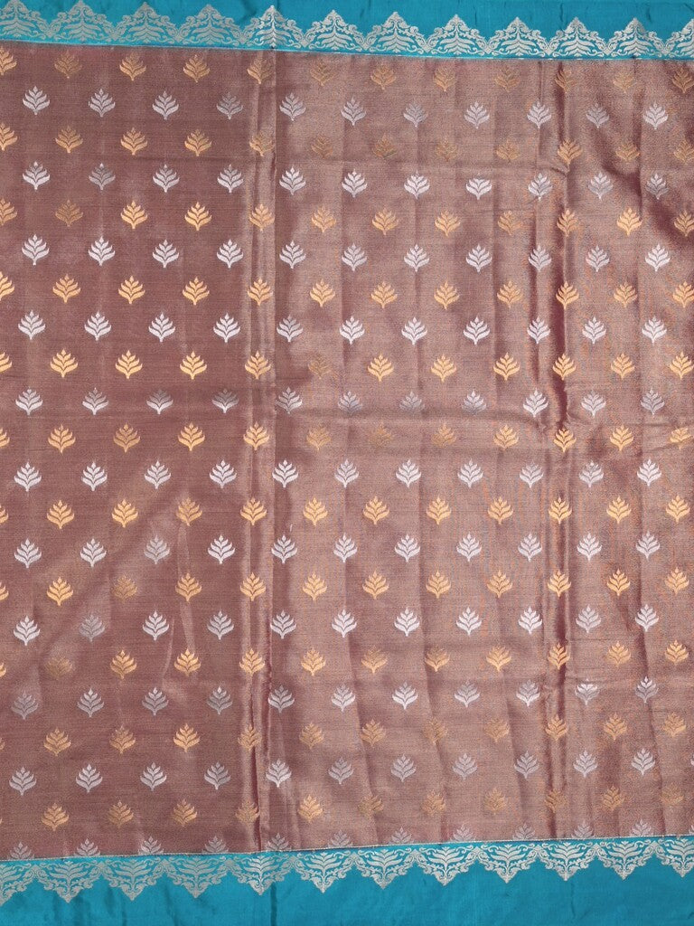 Dupion tissue fancy saree brown color allover zari motifs & zari border with rich pallu and attached blouse