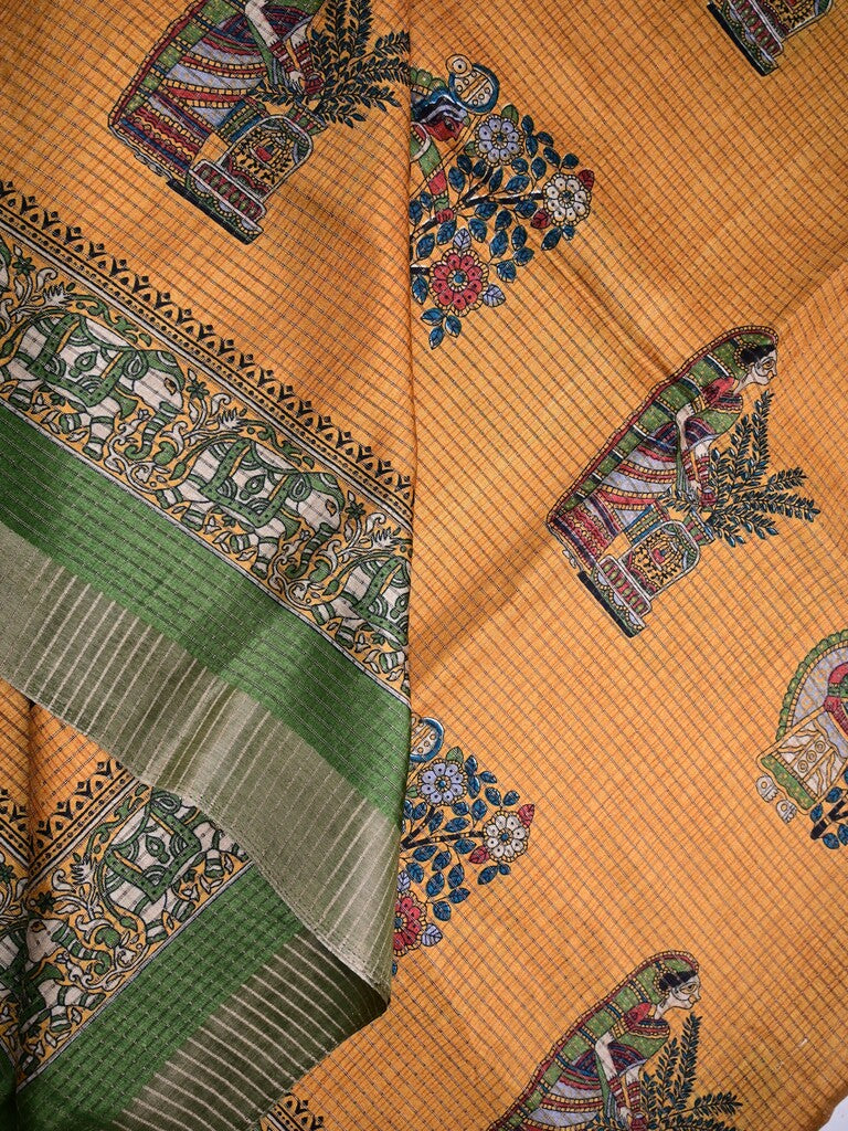 Manipuri silk fancy saree yellow color allover prints & zari border with printed pallu and attached contrast blouse