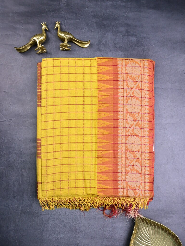 Jute kadhi cotton golden yellow color allover checks & contrast border with contrast pallu and running blouse