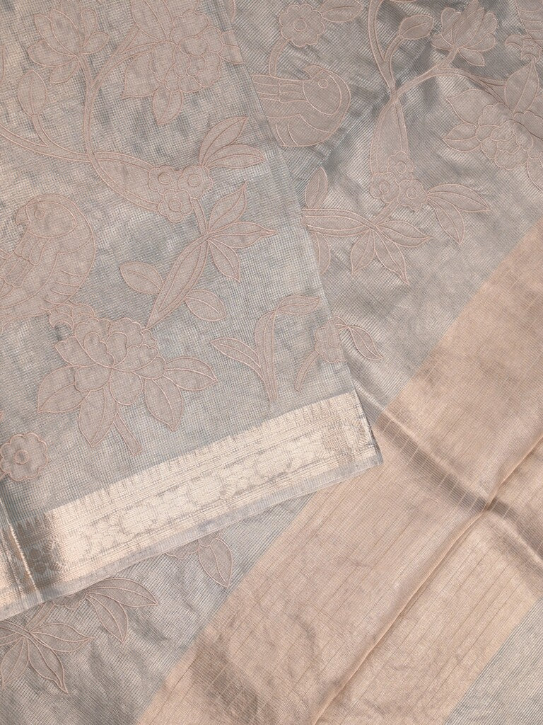 Kota tissue fancy sraee grey color allover embroidery & zari border with short pallu and attached self blouse