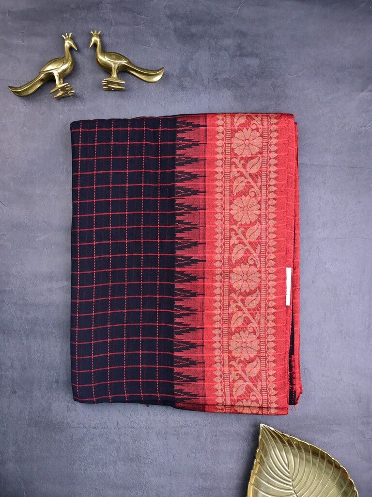 Jute kadhi cotton black color allover checks & contrast border with contrast pallu and running blouse