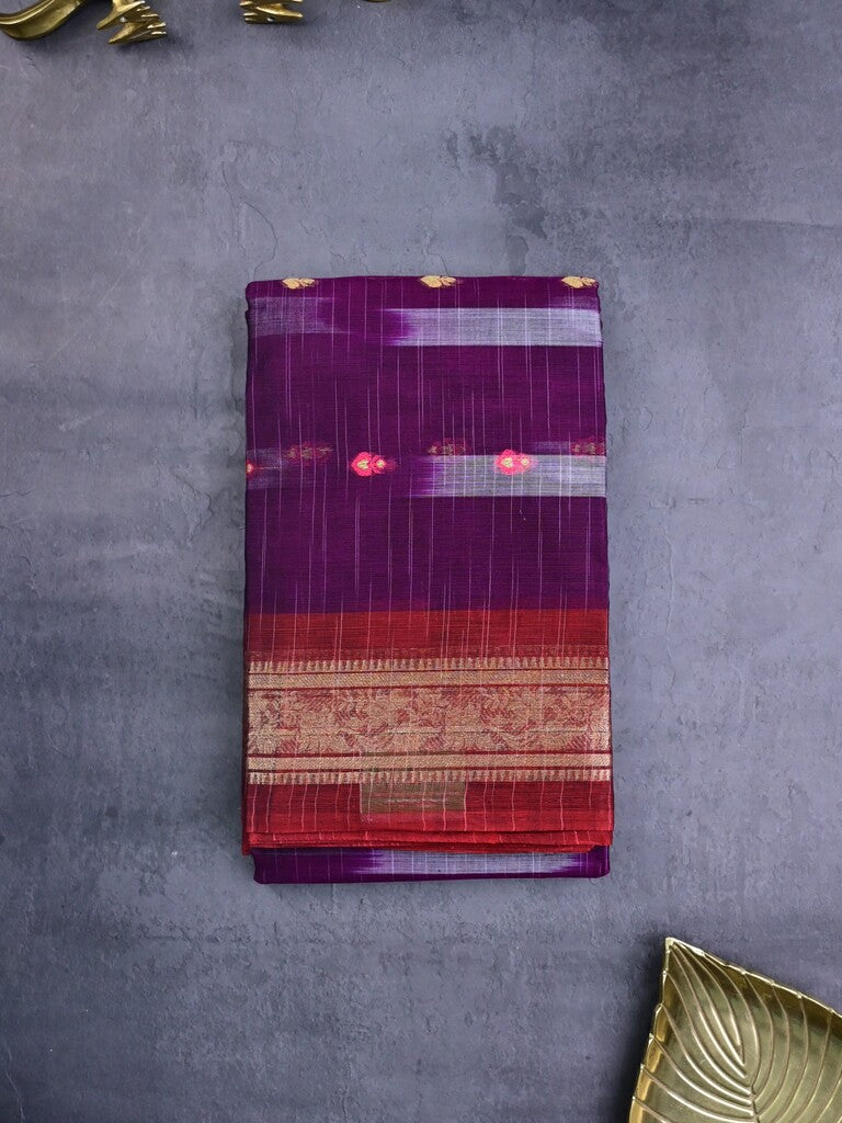 Dhaka cotton sarees violet color alloer stripes & zari border with contrast pallu