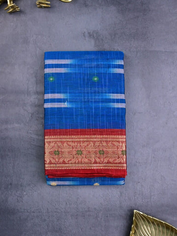 Dhaka cotton sarees royal blue color alloer stripes & zari border with contrast pallu