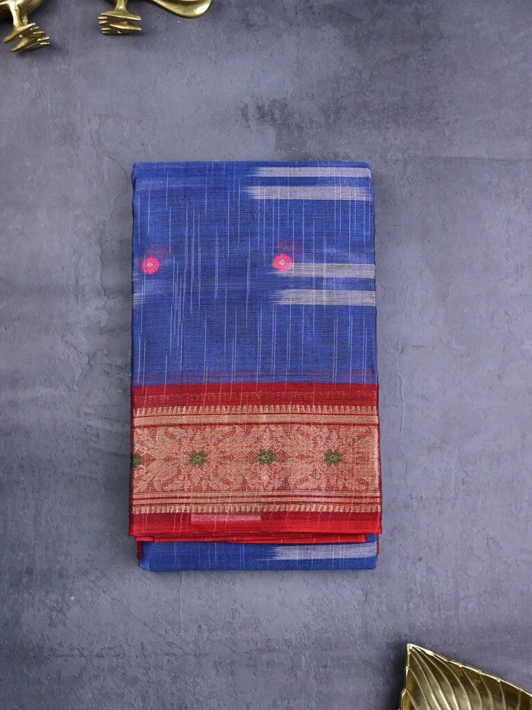 Dhaka cotton sarees navy blue color alloer stripes & zari border with contrast pallu