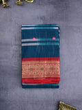 Dhaka cotton sarees ink blue color alloer stripes & zari border with contrast pallu