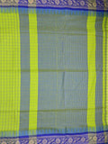 Jute kadhi cotton parrot green color allover checks & contrast border with contrast pallu and running blouse