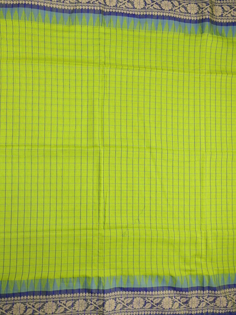 Jute kadhi cotton parrot green color allover checks & contrast border with contrast pallu and running blouse