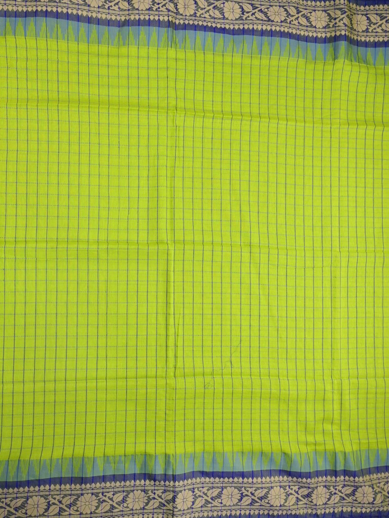 Jute kadhi cotton parrot green color allover checks & contrast border with contrast pallu and running blouse