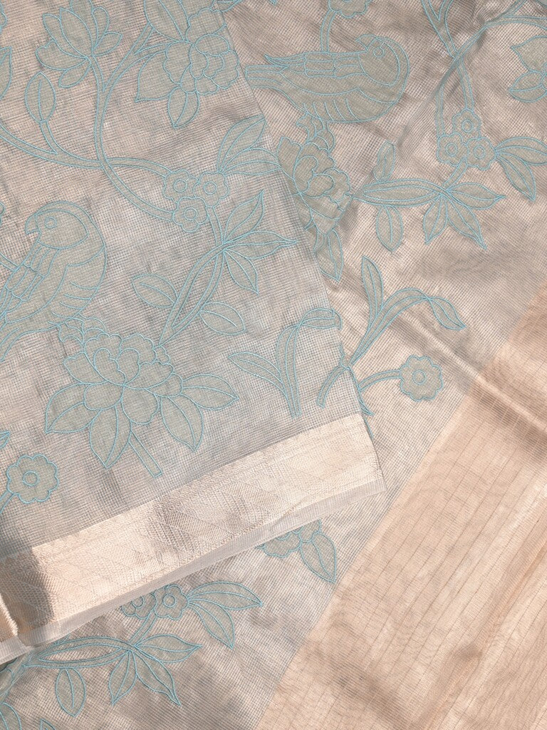 Kota tissue fancy sraee light blue color allover embroidery & zari border with short pallu and attached self blouse