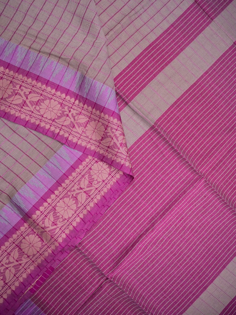 Jute kadhi cotton light purple color allover checks & contrast border with contrast pallu and running blouse