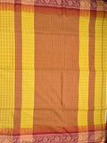 Jute kadhi cotton golden yellow color allover checks & contrast border with contrast pallu and running blouse