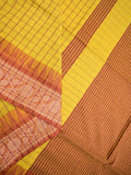 Jute kadhi cotton golden yellow color allover checks & contrast border with contrast pallu and running blouse