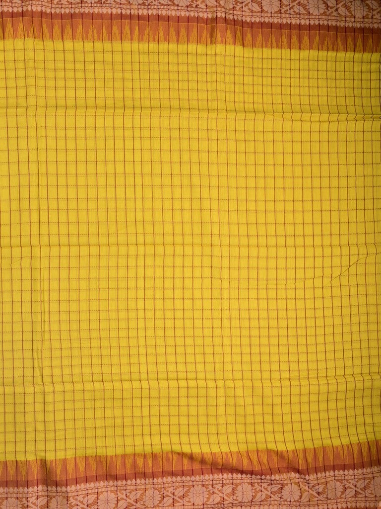 Jute kadhi cotton golden yellow color allover checks & contrast border with contrast pallu and running blouse