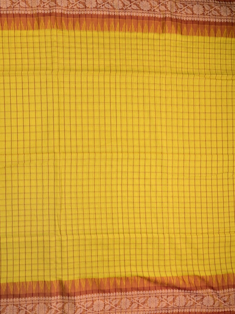 Jute kadhi cotton golden yellow color allover checks & contrast border with contrast pallu and running blouse