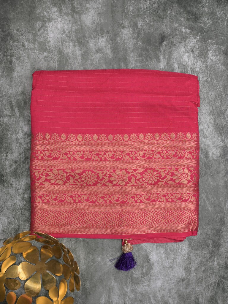 Dola silk fancy saree pink color allover stripes & zari border with short pallu and attached contrast blouse