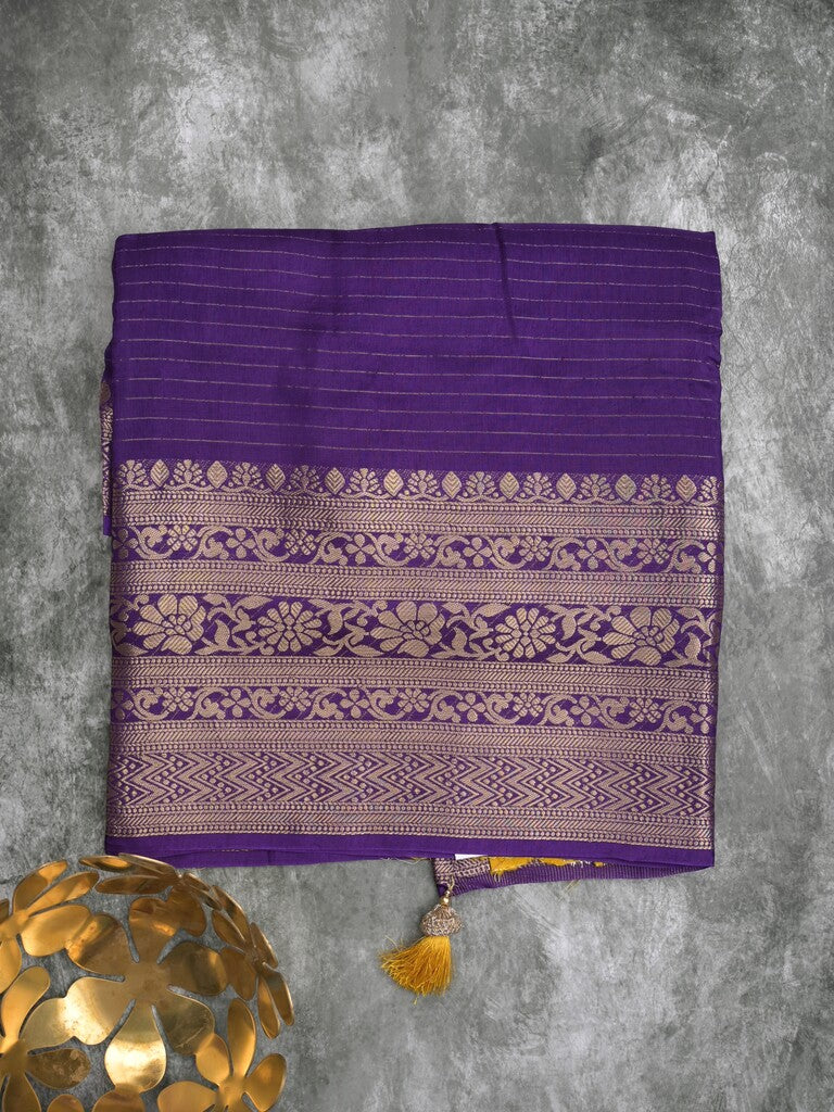 Dola silk fancy saree navy blue color allover stripes & zari border with short pallu and attached contrast blouse