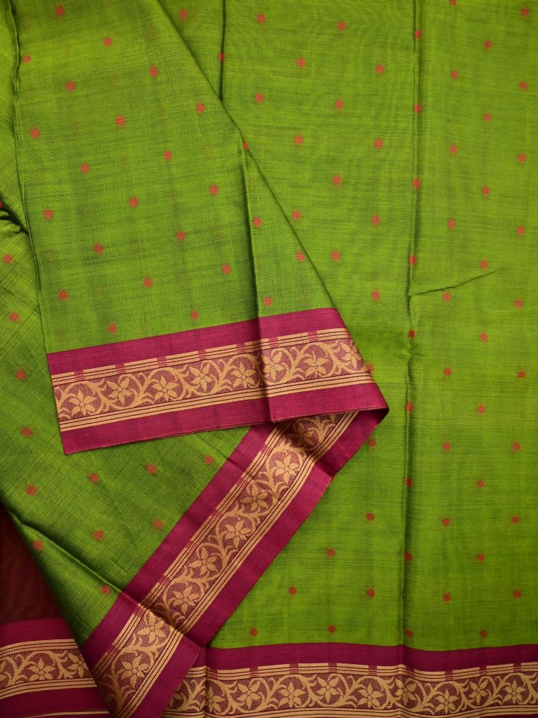 Dhaka cotton saree leaf green color allover thread motifs & thread weaving border with rich pallu and plain blouse