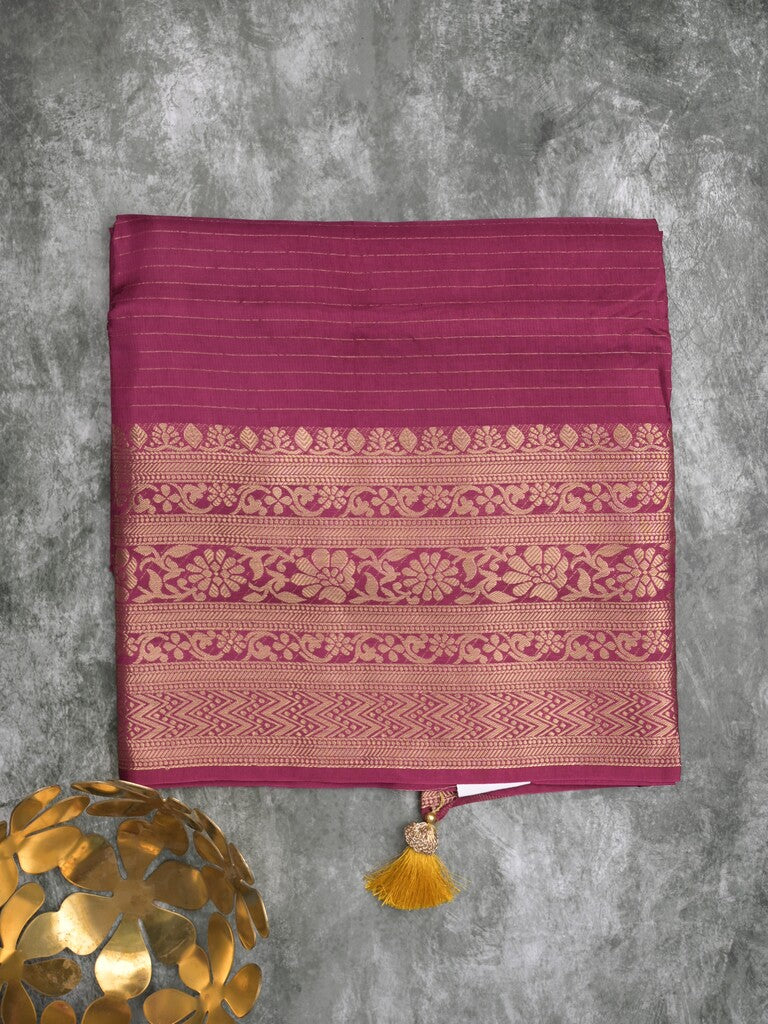 Dola silk fancy saree magenta color allover stripes & zari border with short pallu and attached contrast blouse