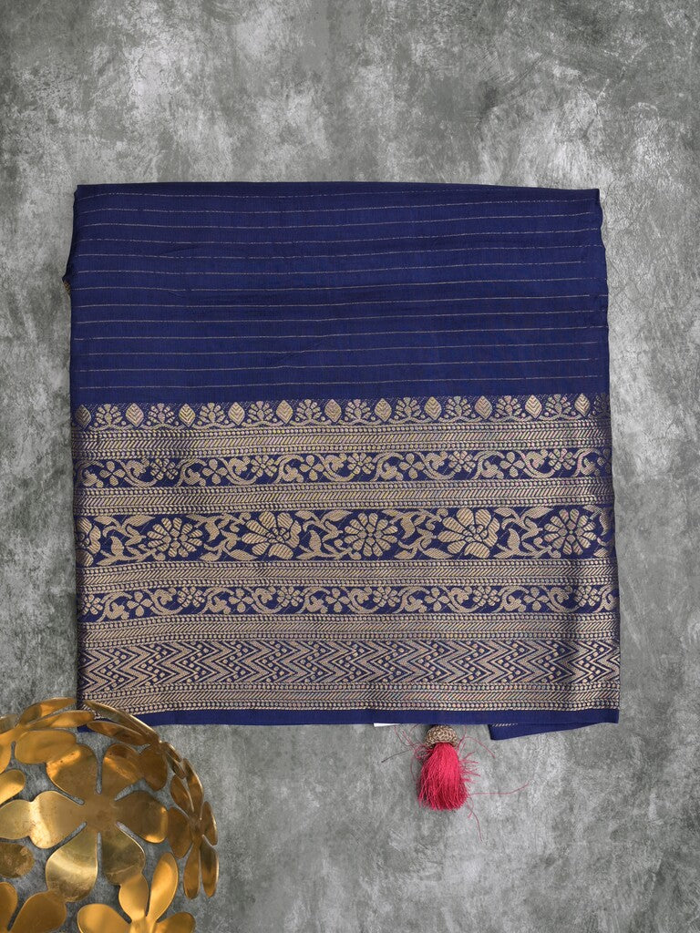 Dola silk fancy saree navy blue color allover stripes & zari border with short pallu and attached contrast blouse