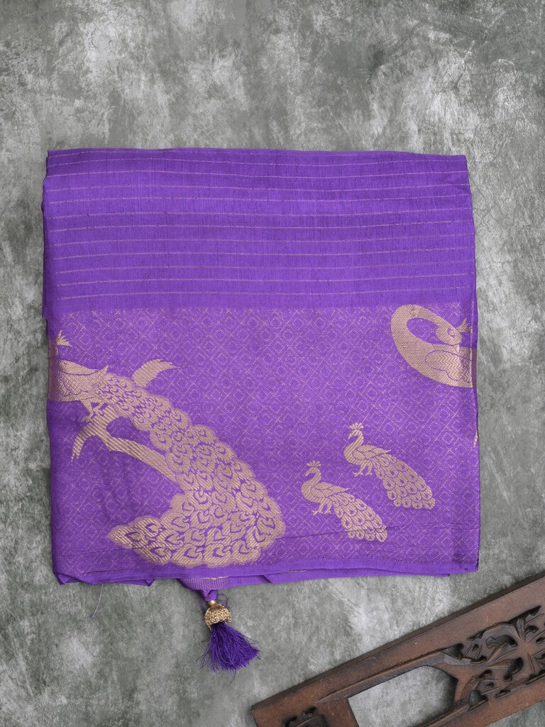 Dola silk fancy saree lavender color allover stripes & zari border with short pallu and attached contrast blouse