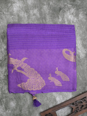 Dola silk fancy saree lavender color allover stripes & zari border with short pallu and attached contrast blouse