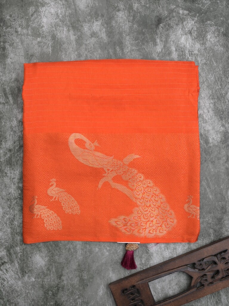 Dola silk fancy saree orange color allover stripes & zari border with short pallu and attached contrast blouse