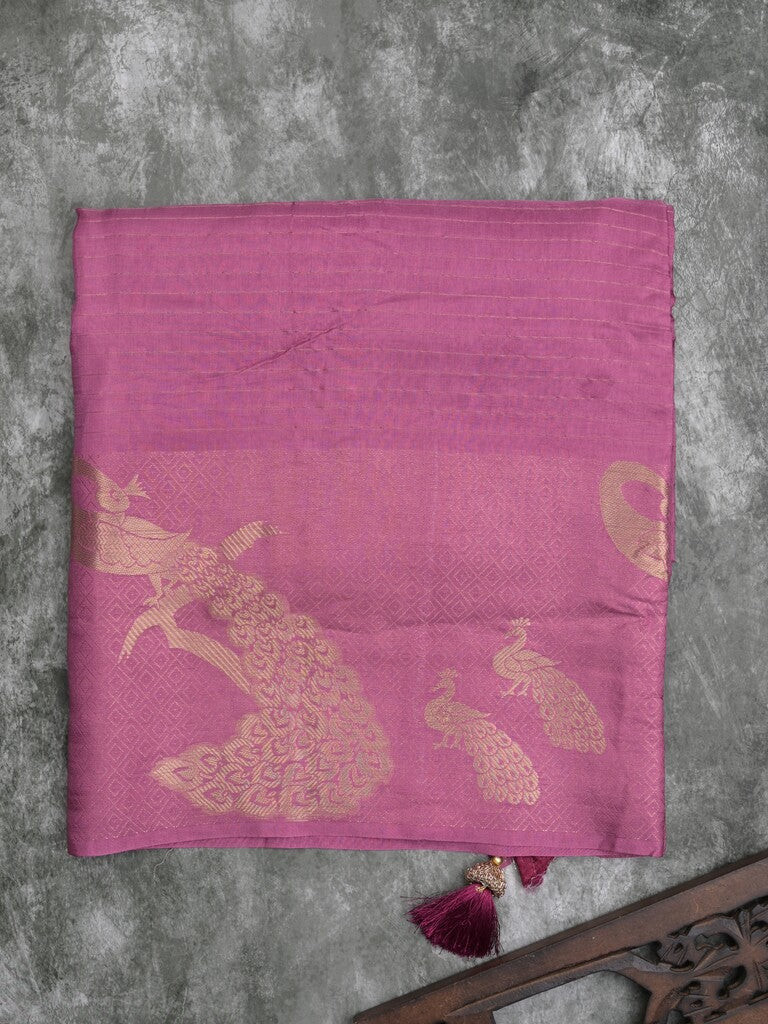 Dola silk fancy saree purple color allover stripes & zari border with short pallu and attached contrast blouse