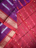 Dhaka cotton sarees violet color alloer stripes & zari border with contrast pallu