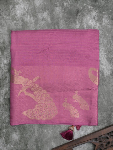 Dola silk fancy saree purple color allover stripes & zari border with short pallu and attached contrast blouse