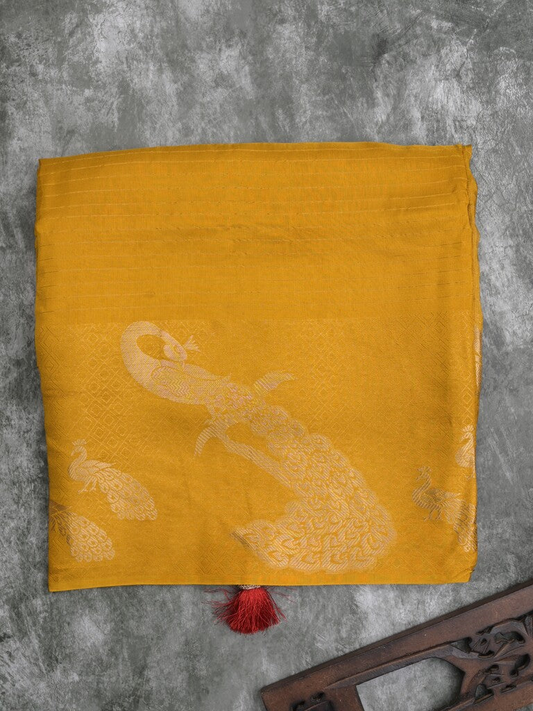 Dola silk fancy saree golden yellow color allover stripes & zari border with short pallu and attached contrast blouse