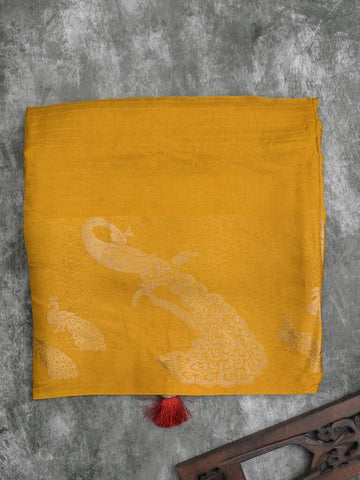 Dola silk fancy saree golden yellow color allover stripes & zari border with short pallu and attached contrast blouse