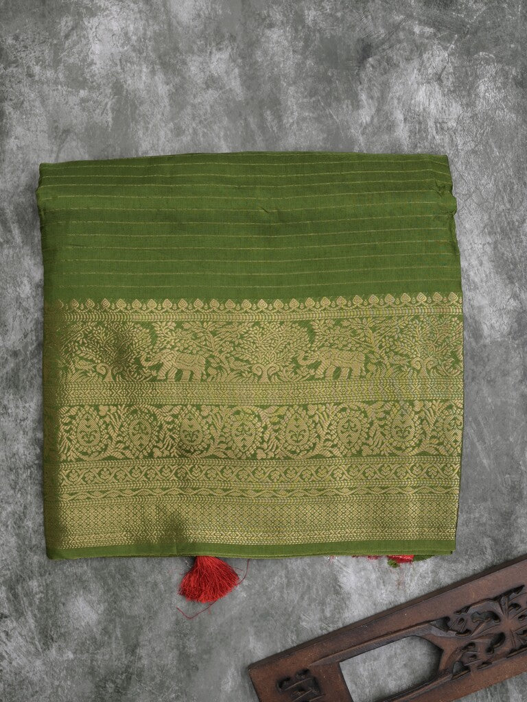 Dola silk fancy saree olive green color allover stripes & zari border with short pallu and attached contrast blouse
