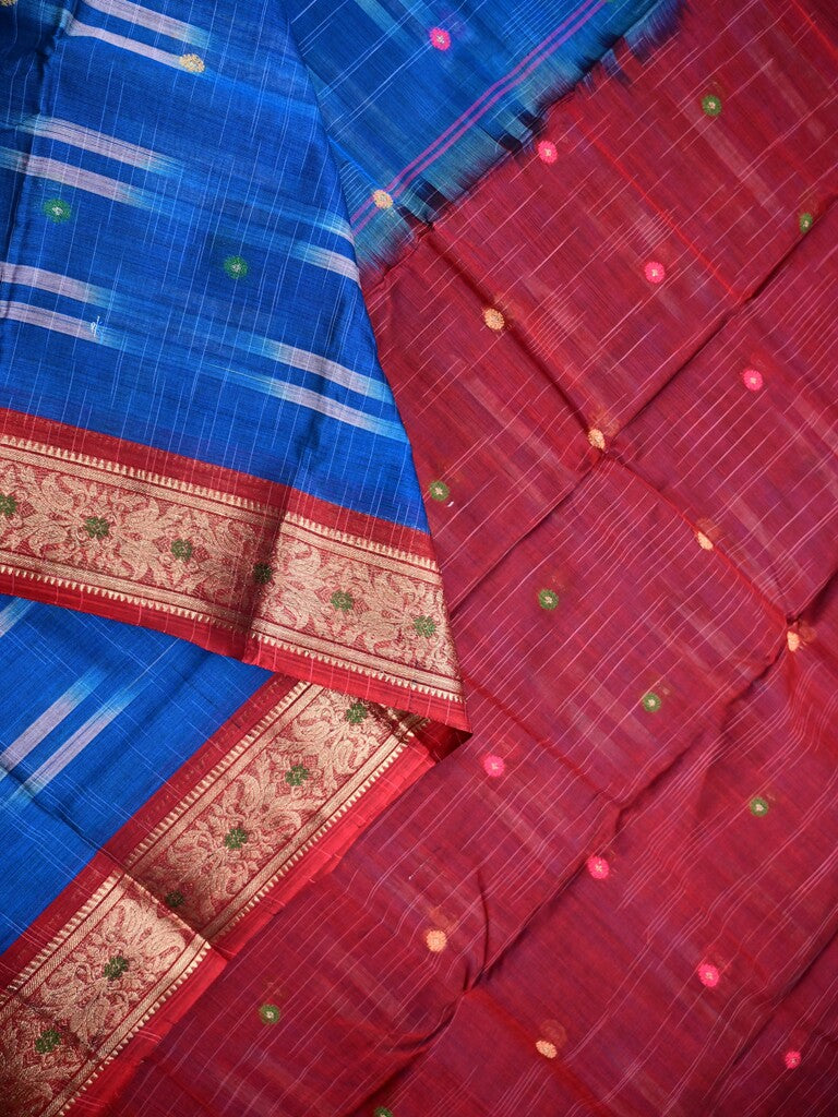 Dhaka cotton sarees royal blue color alloer stripes & zari border with contrast pallu