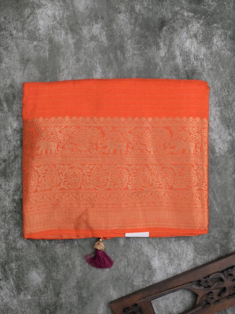 Dola silk fancy saree orange color allover stripes & zari border with short pallu and attached contrast blouse