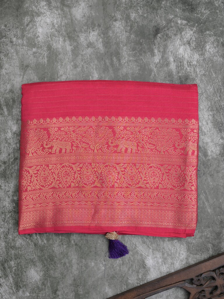Dola silk fancy saree pink color allover stripes & zari border with short pallu and attached contrast blouse