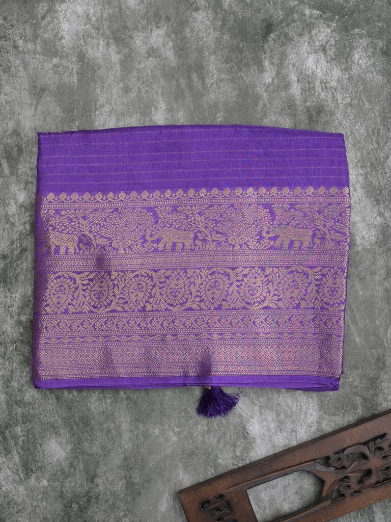 Dola silk fancy saree lavender color allover stripes & zari border with short pallu and attached contrast blouse