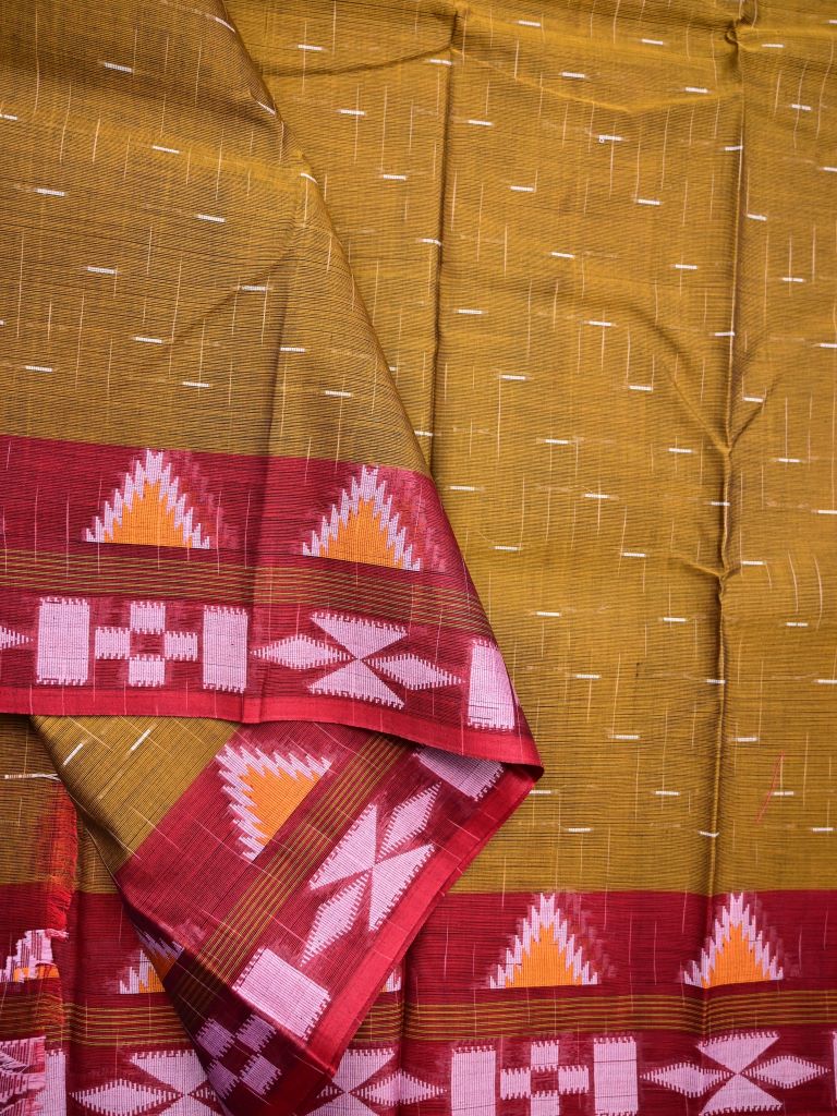 Dhaka cotton saree mustard yellow color allover thread motifs & thread weaving border with contrast pallu