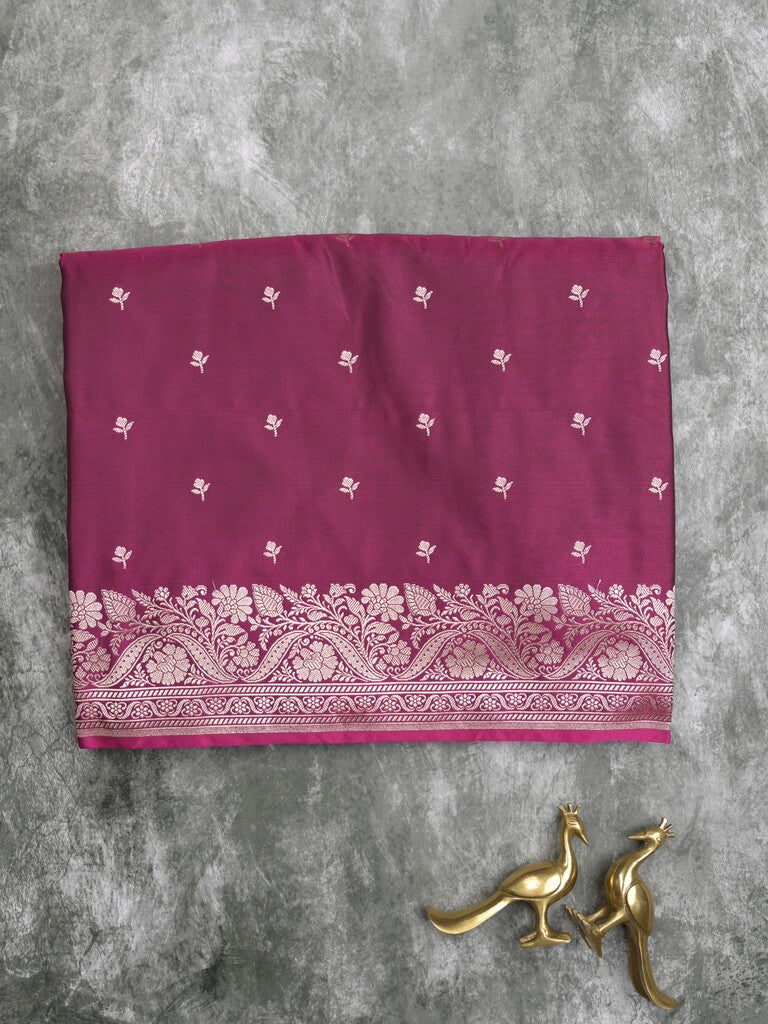 Satin silk fancy saree wine color allover motifs & zari border with rich pallu and attached blouse