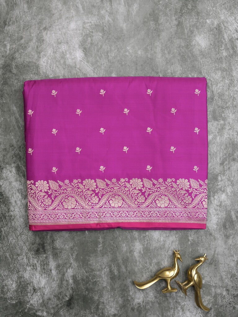 Satin silk fancy saree violet color allover motifs & zari border with rich pallu and attached blouse
