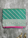 Satin silk fancy saree lux green color allover stripes & zari border with rich pallu and attached blouse