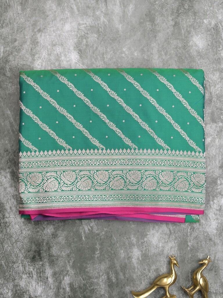 Satin silk fancy saree lux green color allover stripes & zari border with rich pallu and attached blouse