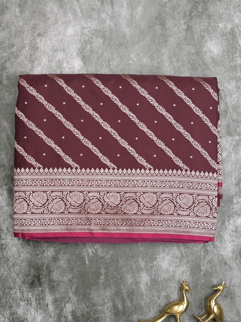 Satin silk fancy saree dark brown color allover stripes & zari border with rich pallu and attached blouse