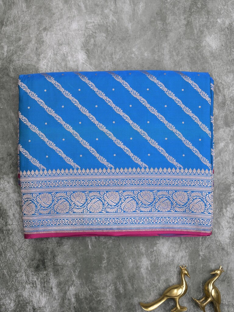 Satin silk fancy saree sky blue color allover stripes & zari border with rich pallu and attached blouse