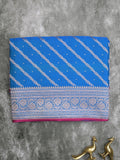 Satin silk fancy saree sky blue color allover stripes & zari border with rich pallu and attached blouse