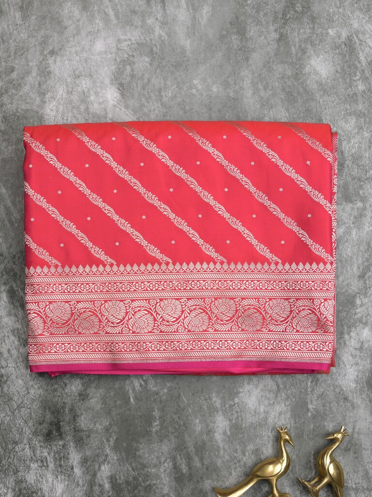 Satin silk fancy saree pink color allover stripes & zari border with rich pallu and attached blouse