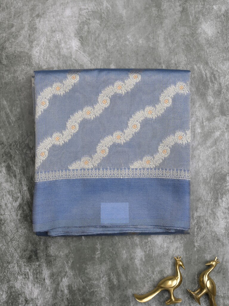 Organza tissue fancy saree light blue color allover stripes & small kaddi border with short pallu and attached blouse