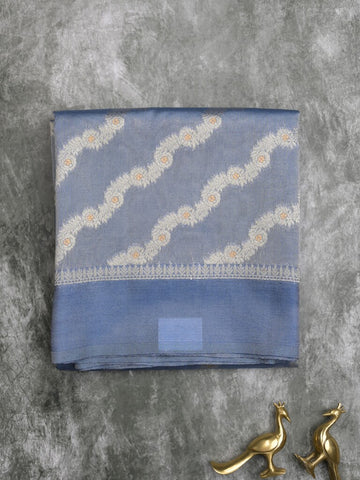 Organza tissue fancy saree light blue color allover stripes & small kaddi border with short pallu and attached blouse